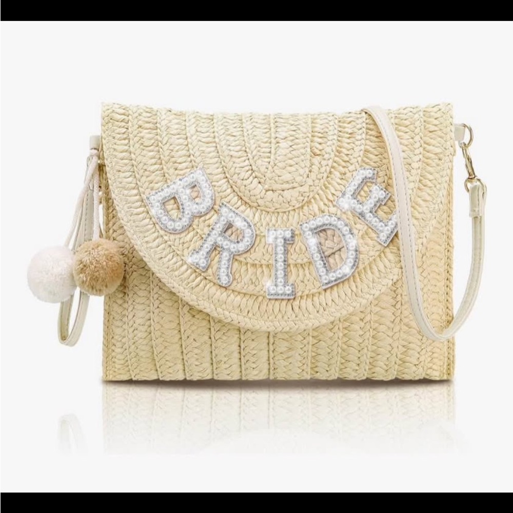 NEW Pinkunn Bride Straw Shoulder Bag Clutch Rhinestone Letter Purse